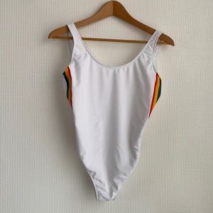 A&F women’s White one-piece Swim Suit w Rainbow Stripe. Size M. Never worn.